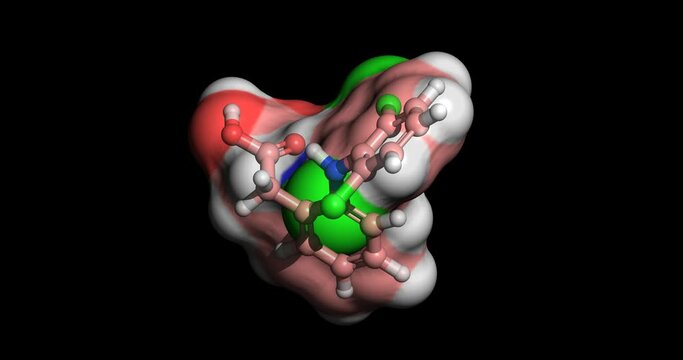 Diclofenac, NSAID drug for osteoarthritis and rheumatoid arthritis, 3D molecule spinning on Y-axis, 4K 
