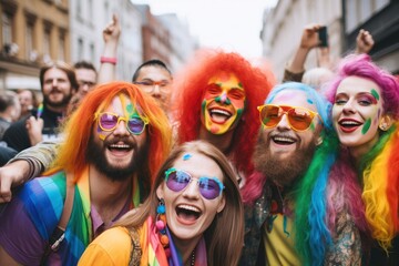 Obraz premium Diversity in Society concept. LGBT and LGBTQ rainbow in bright design. Rainbow flag for lgbtq community, freedom and smiles, pride parade. Group or young non-binary people, gay, trans and queer.