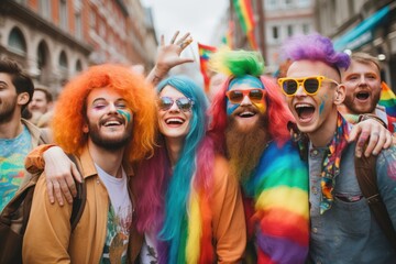 Fototapeta premium Diversity in Society concept. LGBT and LGBTQ rainbow in bright design. Rainbow flag for lgbtq community, freedom and smiles, pride parade. Group or young non-binary people, gay, trans and queer.