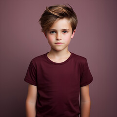 Kid wearing red-shirt standing, plain background