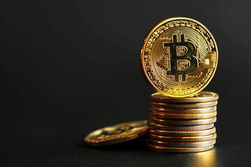 Stack of gold bitcoin coins on dark background