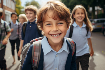 Portrait of cheerful happy young boy student with friends in background outside school. Education concept children lifestyle with backpack smiling at the camera alone.