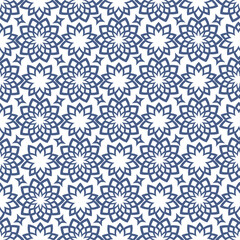 Geometric star shape seamless patern, winter abstract white wrapping paper design. Light frozen fabric pattern design. Lace style geometric triangle background.