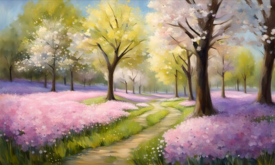Beautiful spring landscape with blooming trees and path. Digital painting style