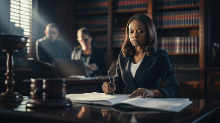 Black female lawyer working in her office