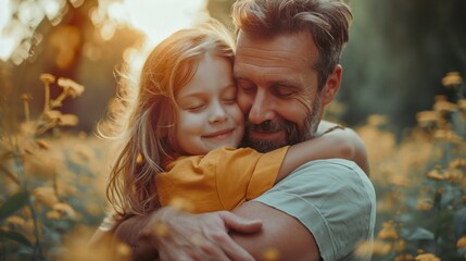 Happy loving family. Father and his daughter child girl playing outdoors - obrazy, fototapety, plakaty
