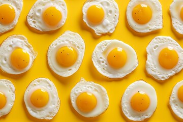 Fried eggs pattern on yellow background, Top view