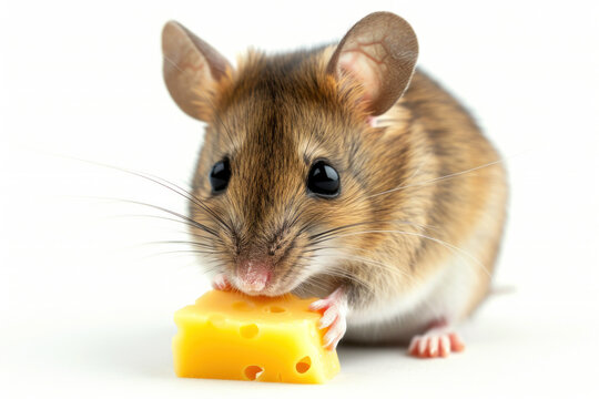 Cute mouse nibbles on a cheese, isolated on white background