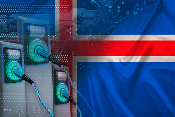 Iceland national flag, replenish battery charging station, alternative energy development concept, electric vehicle production, global business, 3d illustration, rendering - obrazy, fototapety, plakaty