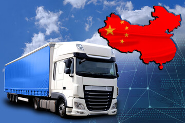 national flag of China, cargo van, blue sky with clouds, international trucking, cargo...