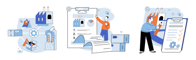 Fototapeta premium Quality control. Vector illustration. The review manufacturing process helps identify areas for improvement The examination product ensures it meets desired quality criteria Risk assessment