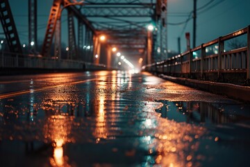 Capture the Cinematic Beauty of a Desolate Bridge in the Night Rain, Void of Human Presence, Evoking Mystery and Solitude