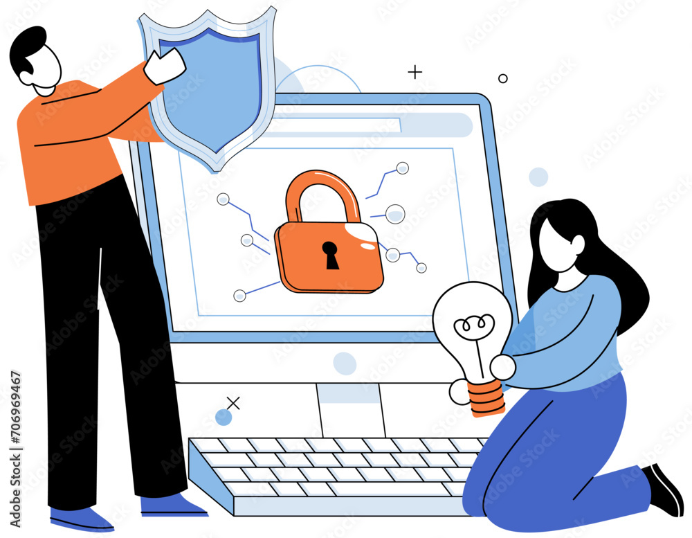 Poster cyber security vector illustration. guards provide defense against cyber attacks and unauthorized ac