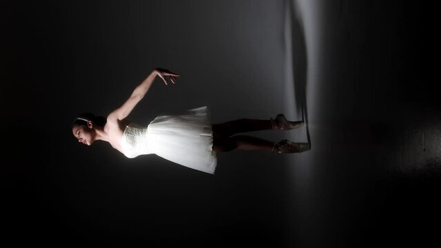 Graceful ballet dancer performing in pointe shoes under spotlight. Flexible ballerina dancing in tutu skirt on dark stage. Sensual female person enjoying classical dance indoors.