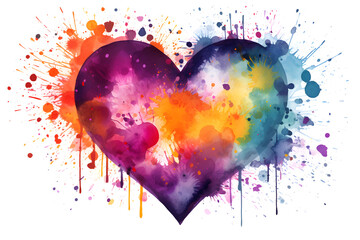 Watercolor multicolored heart, Rainbow heart with splashes Hand drawn watercolor element for design isolated on white