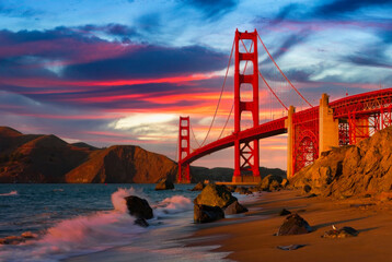 Sunset at Golden Gate Bridge, San Francisco with Pacific Ocean Waves