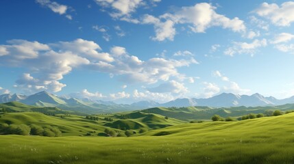 A breathtaking panoramic landscape showcasing rolling hills covered in fresh green grass, a vast blue sky above with wispy clouds, and a dramatic mountain range in the distance.