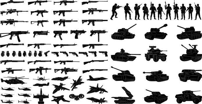 set of weapons and military equipment, tanks, planes, soldiers silhouette, vector