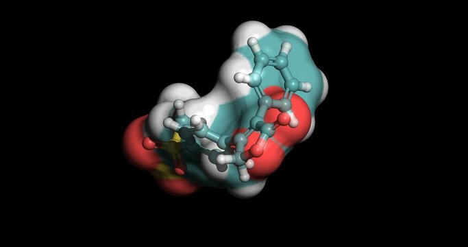Rofecoxib, drug for treatment of osteoarthritis, rheumatoid arthritis, acute pain, primary dysmenorrhea, 3D molecule spinning on Y-axis, 4K 
