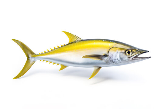 Image of a yellow tail kingfish isolated on white background. Fresh fish. Underwater animals. Generative AI.