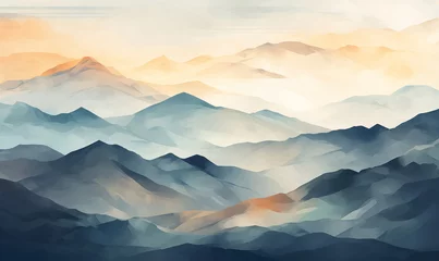 Fotobehang Watercolor painting of mountain shapes at dusk / sunrise / sunset pastel colors background backdrop  © Deea Journey 
