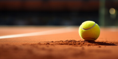 Tennis ball on tennis court, Tennis ball lying on white line on tennis court on sunny day, 
 - obrazy, fototapety, plakaty