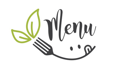 Cooking, cuisine logo with smile, eyes, fork and two green leaves.