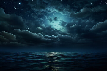 night sky with moon, clouds over the ocean, view of the night sky