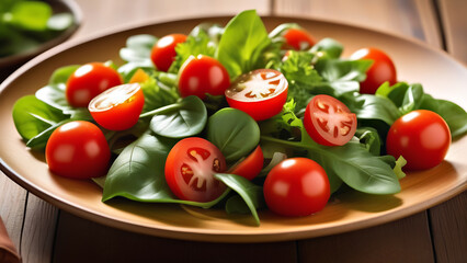salad of tomatoes and greens lies in a plate, diet salad, a way to lose weight