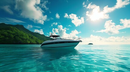 A luxurious motorboat gliding over crystal turquoise waters, against a backdrop of a bright blue sky and cumulus clouds, with the lush greenery of a tropical island in the background.