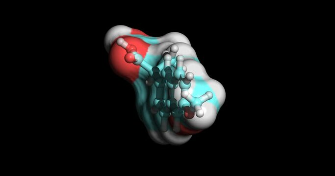 Naproxen, drug for rheumatoid arthritis and osteoarthritis, 3D molecule spinning on Y-axis, 4K