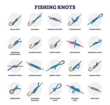 Fishing knots examples collection with all types titles outline diagram, transparent background. Labeled educational scheme with various loops, twists and knot types for fish catching illustration.