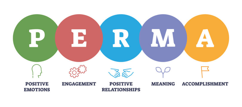 PERMA as positive psychology approach for human well being outline diagram, transparent background. Labeled educational mindset scheme with good emotions, engagement.