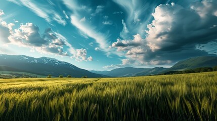 A majestic panorama featuring a vast field of fresh green grass, a sky painted with strokes of blue and white clouds, and the silhouette of mountains creating an awe-inspiring background.
