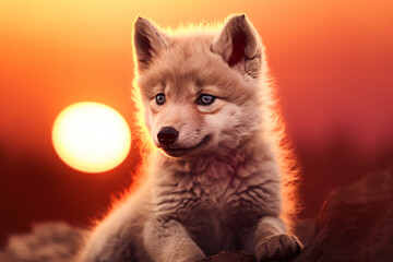 White wolf cub with sunset background, in the style of warm color palette, backlight, wimmelbilder, close up, dau al set, light maroon and yellow, large canvas format

 - obrazy, fototapety, plakaty