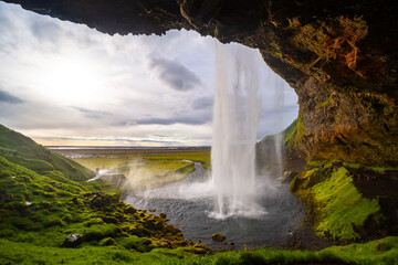 Seljalandsfoss is an impressive cascade on the south coast of Iceland. Majestic waterfall seen from...