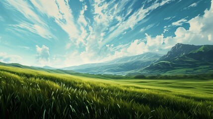 A majestic panorama featuring a vast field of fresh green grass, a sky painted with strokes of blue and white clouds, and the silhouette of mountains creating an awe-inspiring background.