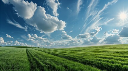 A panoramic image of a pristine green field, neatly mowed, set against a backdrop of a deep blue sky with light, scattered clouds, the embodiment of a tranquil summer day.