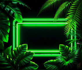 Mystrious jungle portal illustration Night Forest Background Green glowing neon light rectangle frame in the deep jungle with tropical green leaves palms plants leaf with Copy space and Mockup