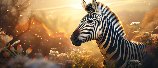Fototapeta na wymiar The zebra is looking towards a small group of plants, in the style of lens flare, photorealistic portraiture, wimmelbilder, horizontal stripes, photo-realistic landscapes