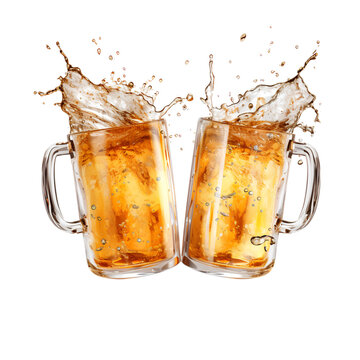 Two Beer Mugs Splash Toast Cheers, isolated on transparent background