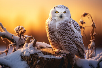 Snowy owl with snowy background and tree stump, in the style of golden light, eye-catching, ultraviolet photography, elegant, wimmelbilder, dignified poses

