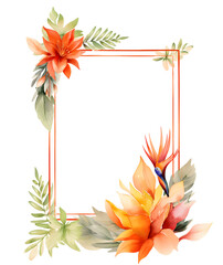 Fototapeta na wymiar Watercolor frame with tropical leaves, flowers and jungle plants