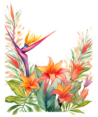 Watercolor frame with tropical leaves, flowers and jungle plants