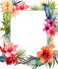 Watercolor frame with tropical leaves, flowers and jungle plants