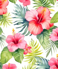 Zelfklevend Fotobehang Watercolor frame with tropical leaves, flowers and jungle plants © Oksana