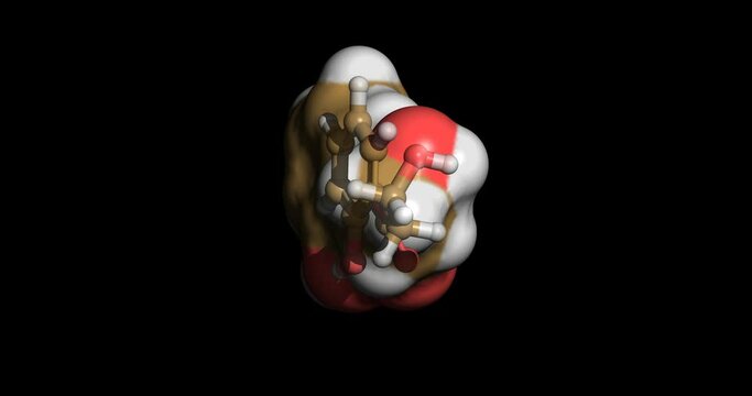 Glycol salicylate, drug for mild to moderate muscle pain, 3D molecule spinning on Y-axis, 4K