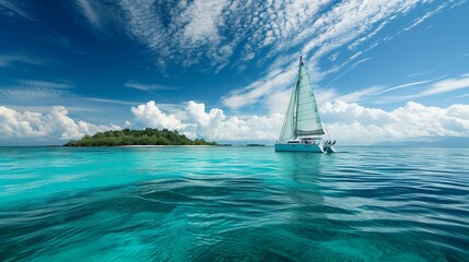 A panoramic scene of a catamaran sailing in the turquoise sea, beneath a sunny blue sky with scattered clouds, and a beautiful tropical island looming on the horizon - obrazy, fototapety, plakaty