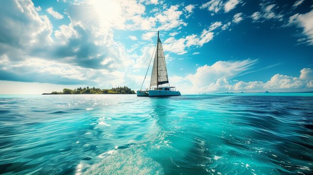A panoramic scene of a catamaran sailing in the turquoise sea, beneath a sunny blue sky with scattered clouds, and a beautiful tropical island looming on the horizon