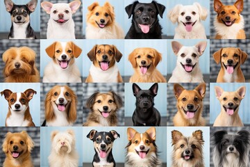 Dogs of different breeds collage. Cute doggies or pets are looking happy isolated on colorful or gradient background. Studio photoshoots. Flyer for your ad, Generative ai